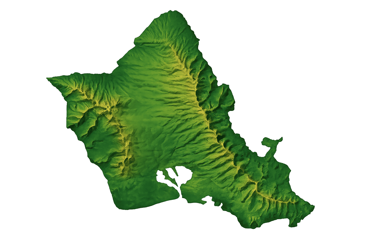 Topographic map of Oahu showing the island's mountain ranges, valleys and coastal plains